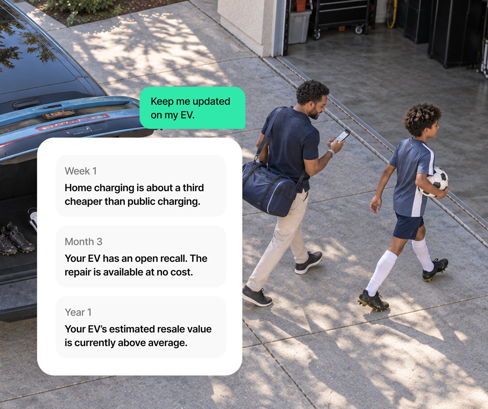 A father and son walking out past the blue EV in their driveway, and beside them the updates Eve sent over the first year: home charging about a third cheaper than public, an open recall repaired at no cost, and a resale value currently above average.